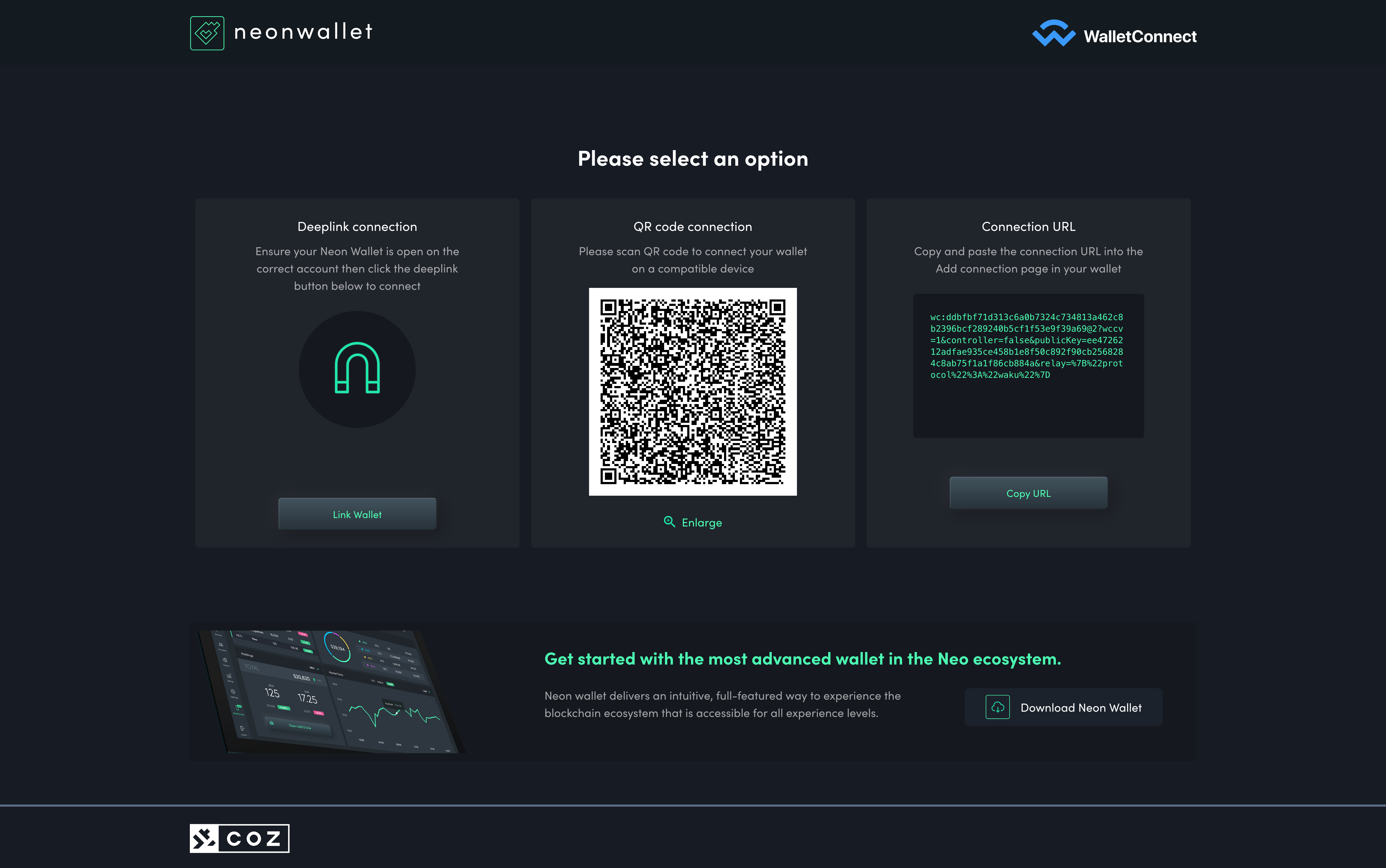 Neon COZ connect page